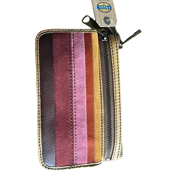 Fossil Yellow And Multi Color Striped Leather Card and Zipper Closure Wallet - Picture 3 of 11